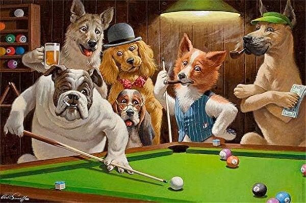 Dogs playing pool